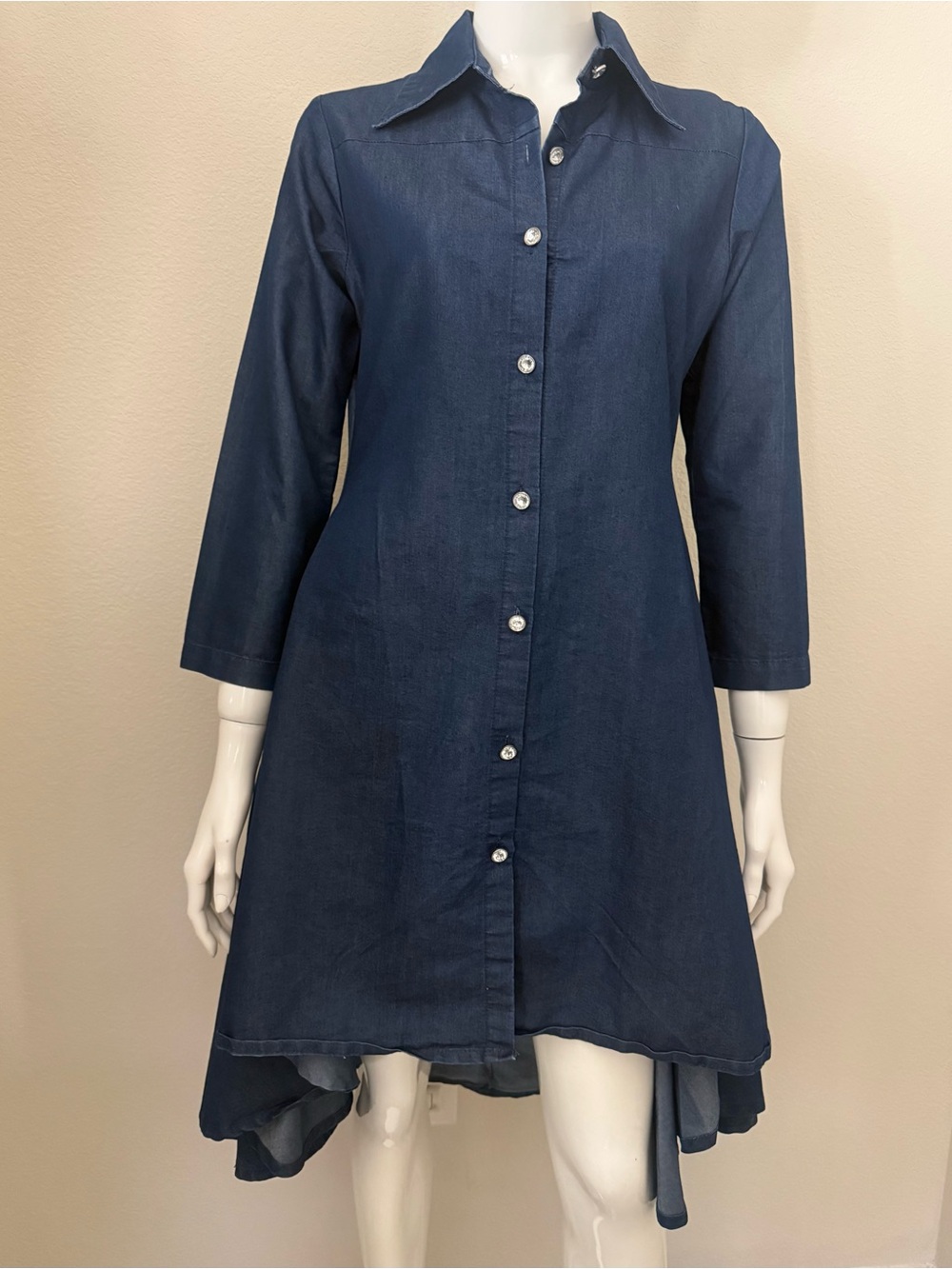 Denim High-Low Shirt Dress with Collar, Pockets & Rhinestone Buttons